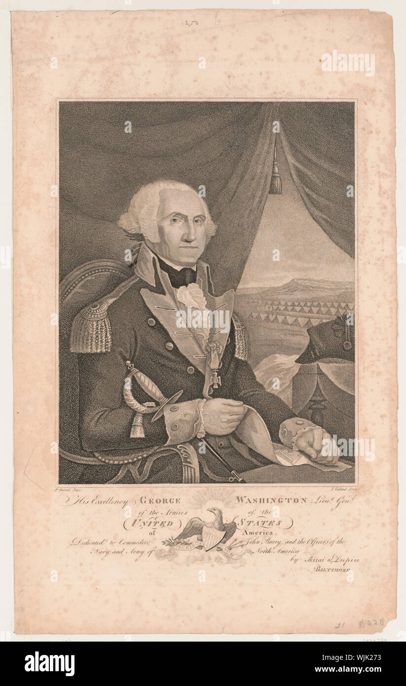 Son Excellence le lieutenant général George Washington. des armées des Etats-Unis d'Amérique Résumé : George Washington montre d'impression demi-longueur, portrait, assis, faisant face à droite, portant l'uniforme militaire ; il tient son épée avec son bras droit, qui se repose sur le bras d'une chaise, et est maintenant un papier dans sa main droite ; un chapeau repose sur une table à droite et par le biais d'une part à la draperie, ou l'ouverture de sa tente, est considérée un campement militaire. En bas au centre, au milieu du titre, il s'agit d'un aigle avec bouclier à rayures et banner E. Pluribus Unum, et tenant dans ses serres un rameau d'une Banque D'Images