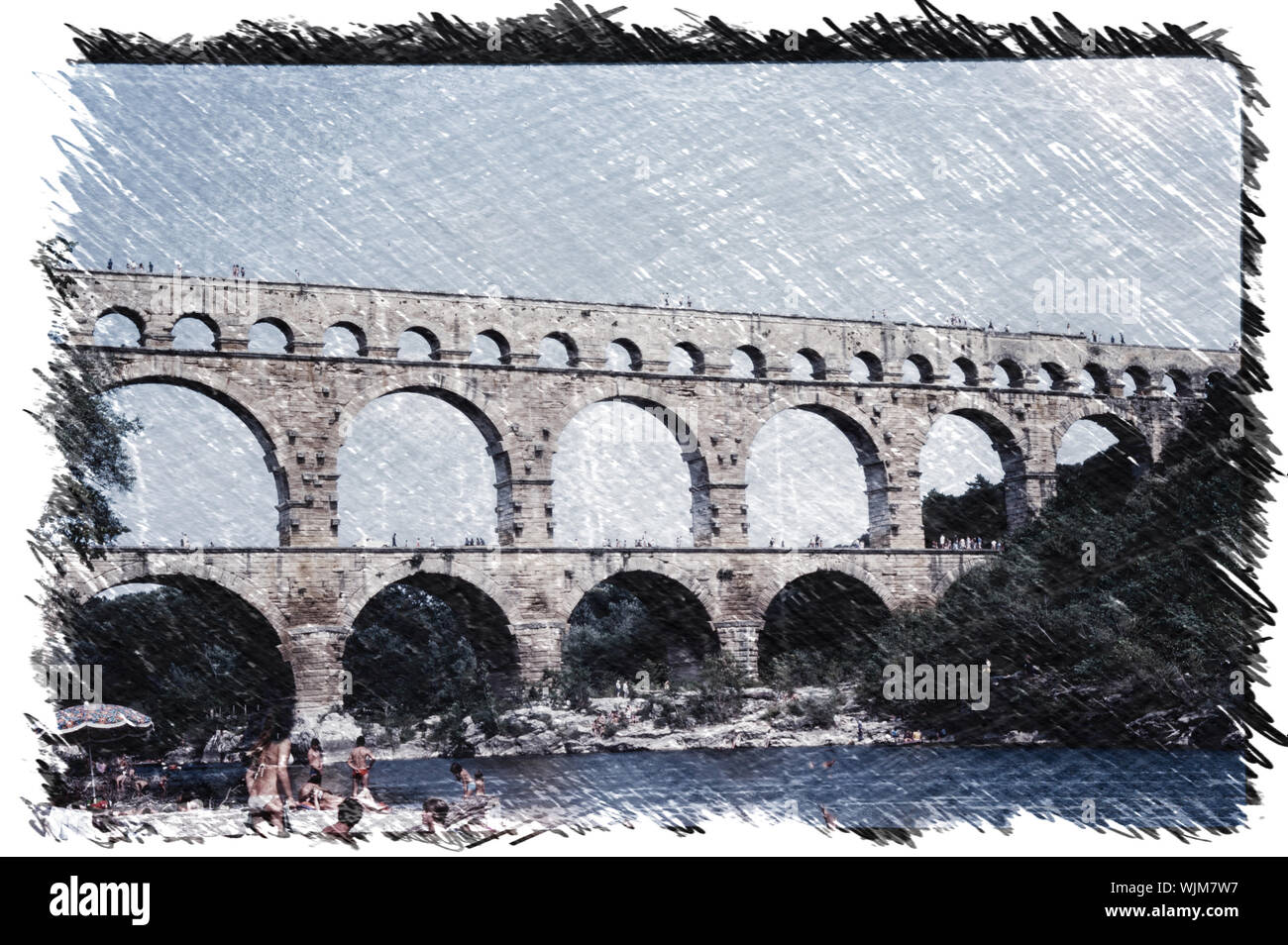 Impression de charbon le Pont du Gard, un aqueduc Romain ancien pont construit dans le siècle pour transporter l'eau dans le sud de la France. Banque D'Images