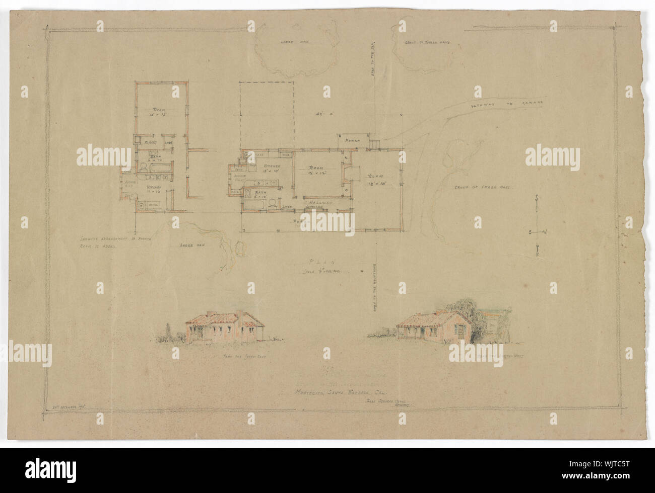 Maison à Montecito, Santa Barbara, Californie. Plan, et deux vues / James Osborne Craig, architecte Banque D'Images