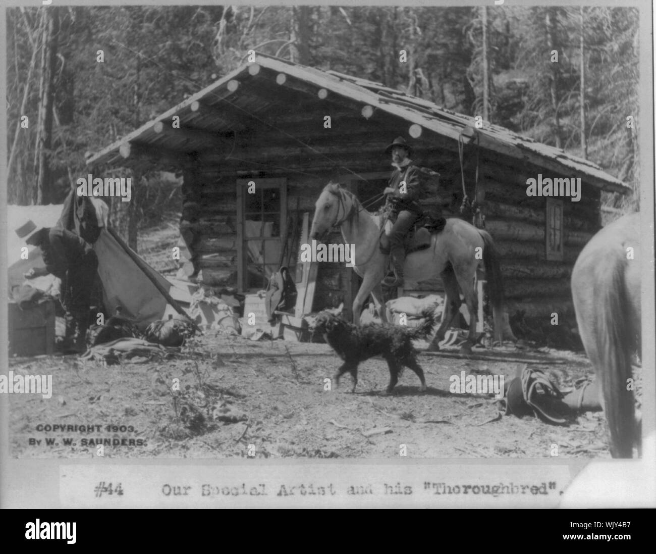 New York - Roosevelt : notre artiste et son "pur-sang" (homme à cheval en face de log cabin) Banque D'Images