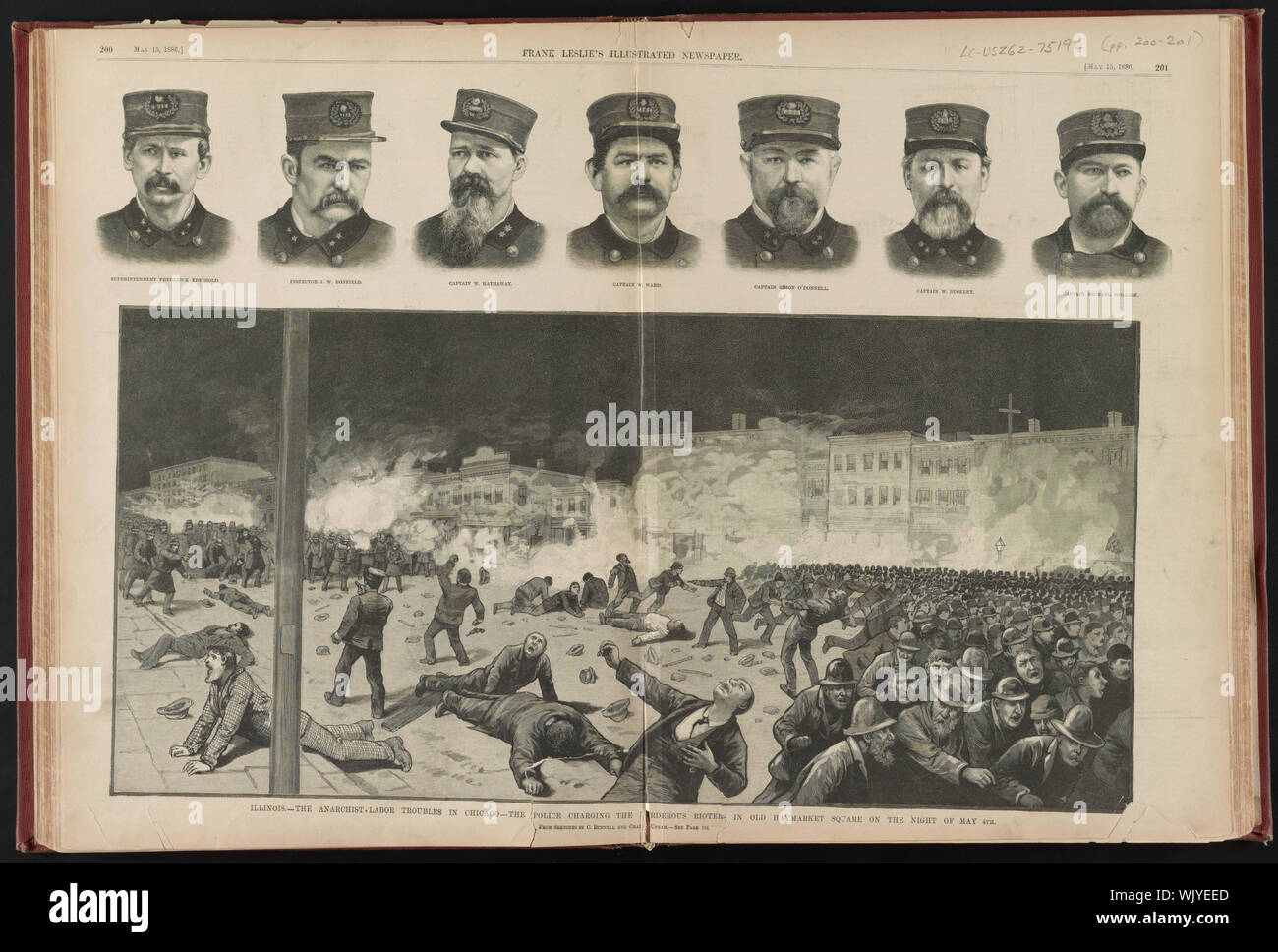 New York - L'anarchiste-travail des problèmes dans la police de Chicago le charge dans le vieux émeutiers meurtrière Haymarket Square dans la nuit du 4 mai / / à partir de croquis par C. Bunnell et Chas Upham. Banque D'Images