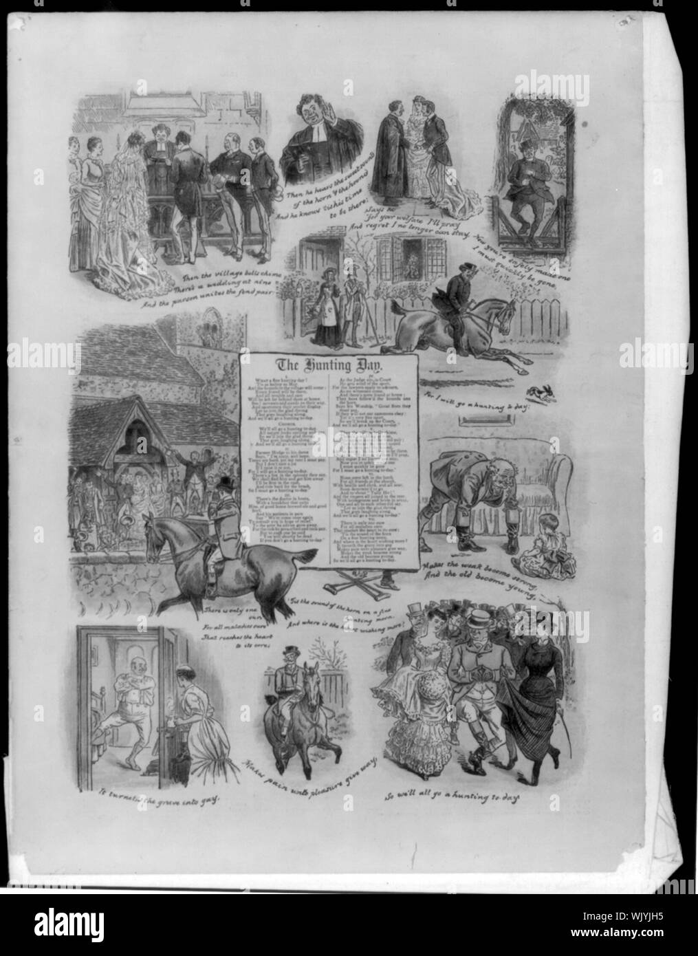 Humour illustré poème sur l'importance de la chasse au renard dans la vie sociale : scène de mariage perturbé par l'appel de la chasse Banque D'Images