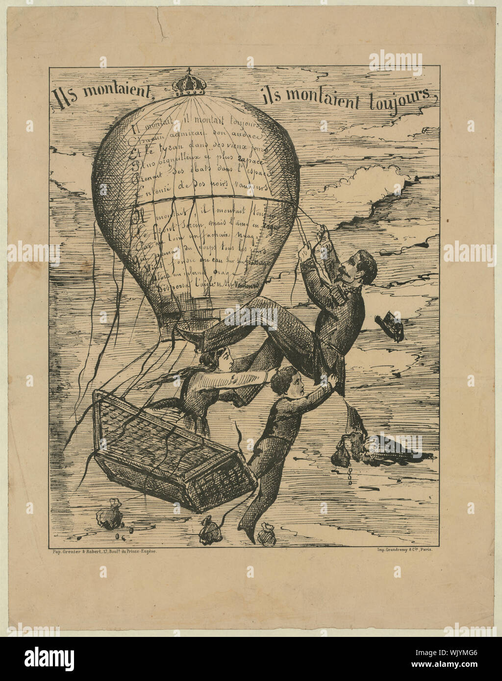 Ils montaient, ils montaient toujours ; montre une caricature politique française Louis Napoléon avides d'essayer de monter plus haut en accrochant sur les cordes d'un ballon, surmonté d'une couronne. Le panier s'affranchit de répandre de sacs d'argent, et une femme et un enfant s'accrocher à lui. Banque D'Images