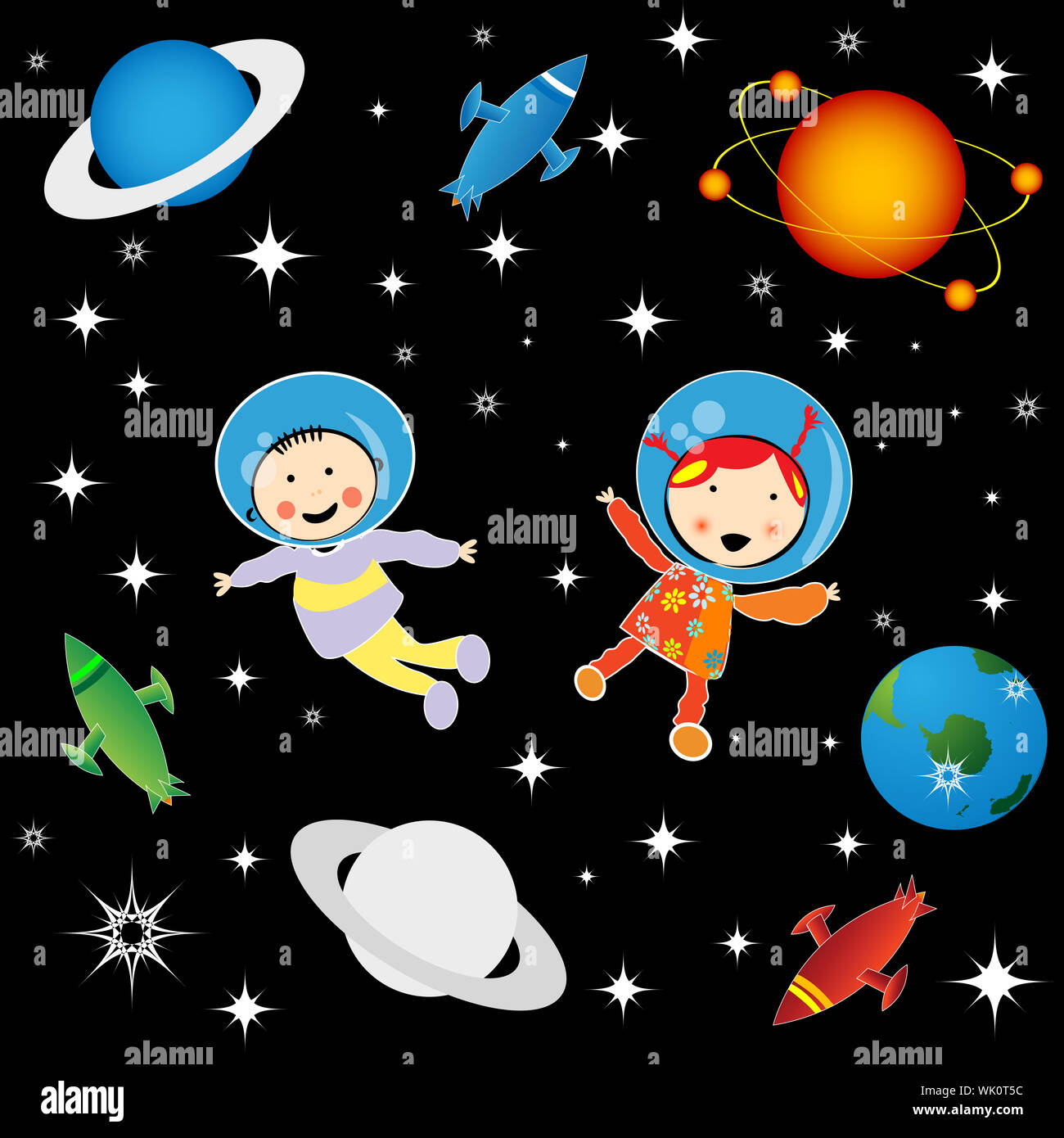 Garçon et fille astronautes dans cosmos, le développement du caractère graphic Banque D'Images