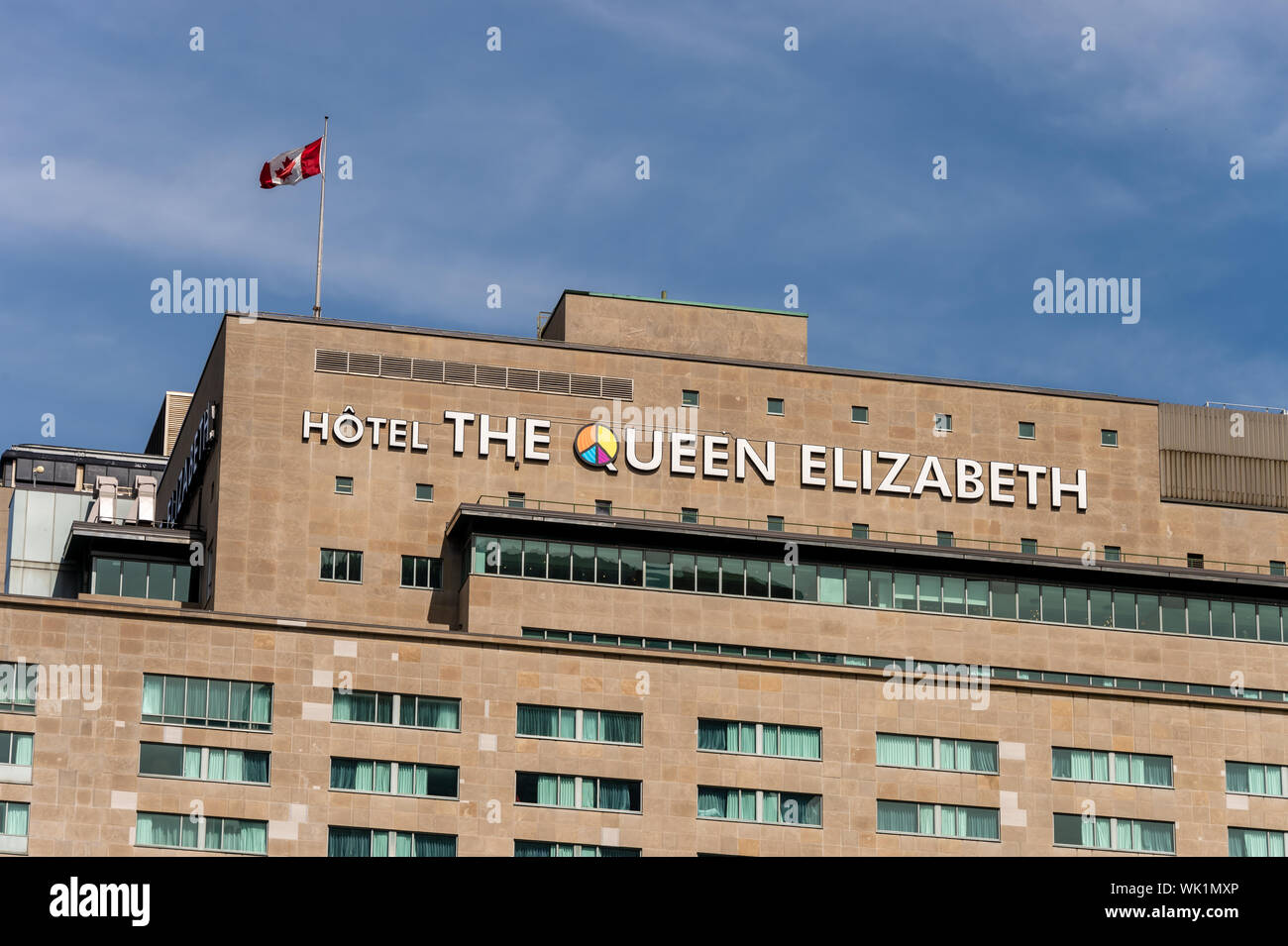 Montréal, CA - 3 septembre 2019 : Façade de l'hôtel Fairmont Queen Elizabeth sur René Lévesque Bld. Banque D'Images
