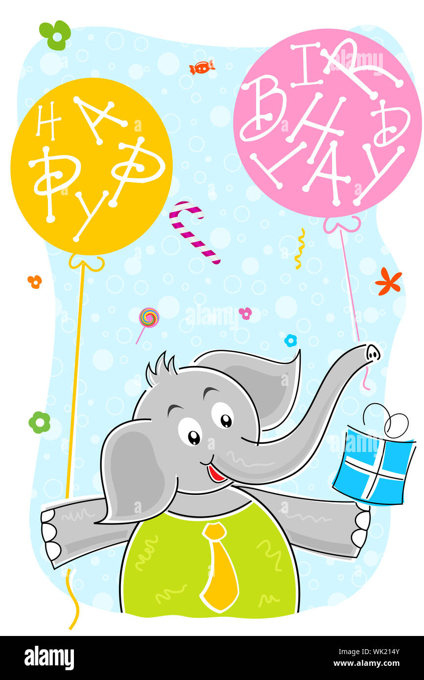 Illustration de l'éléphant avec anniversaire ballon et don Banque D'Images