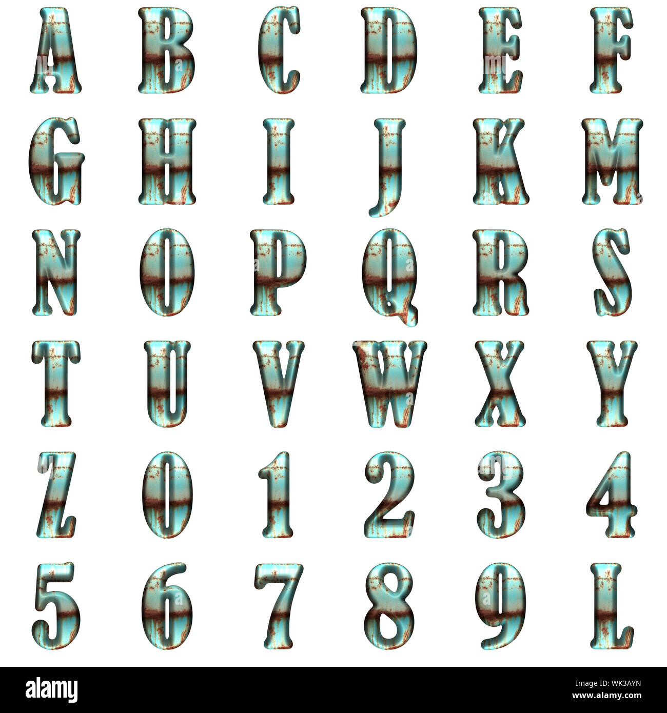 Ancien alphabet métal sur fond blanc Banque D'Images