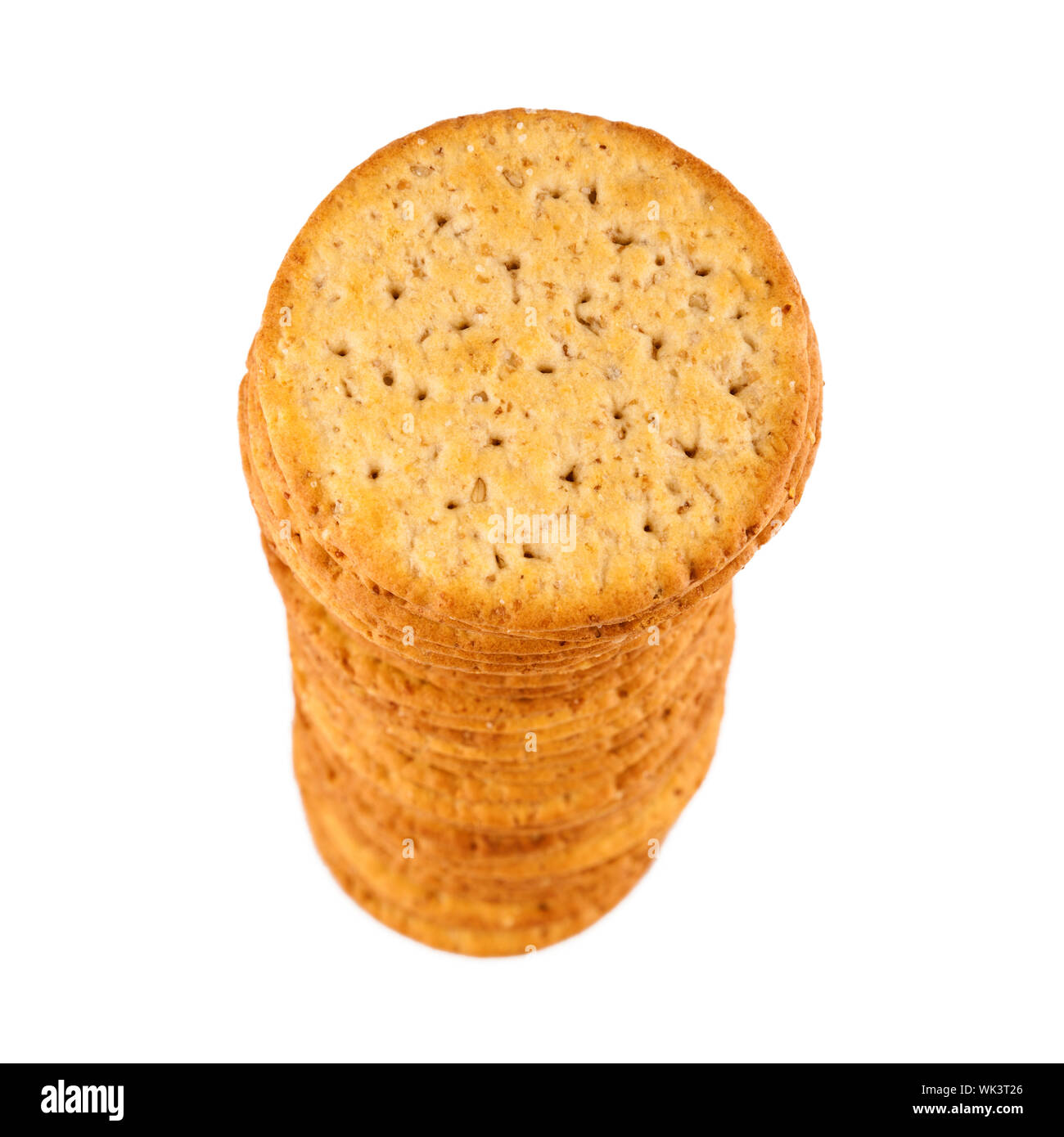 Pile de saltine crackers, vue d'en haut. Profondeur de champ, l'isolement sur blanc Banque D'Images
