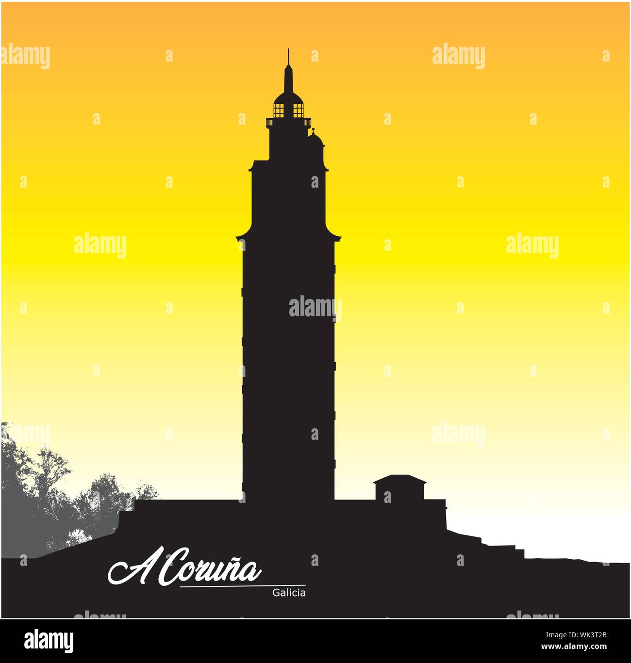 Silhouette en noir et blanc Tour d'Hercule à La Corogne Galice Espagne Illustration de Vecteur