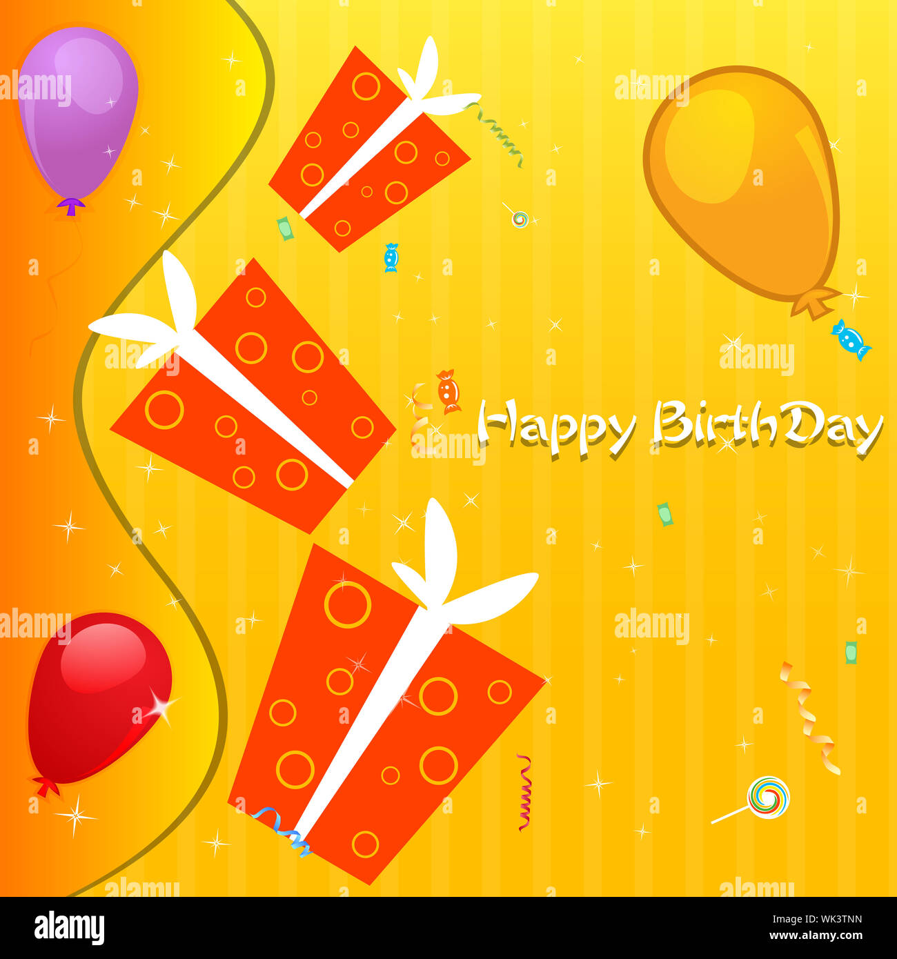 Illustration de carte d'anniversaire avec cadeaux et ballons Banque D'Images