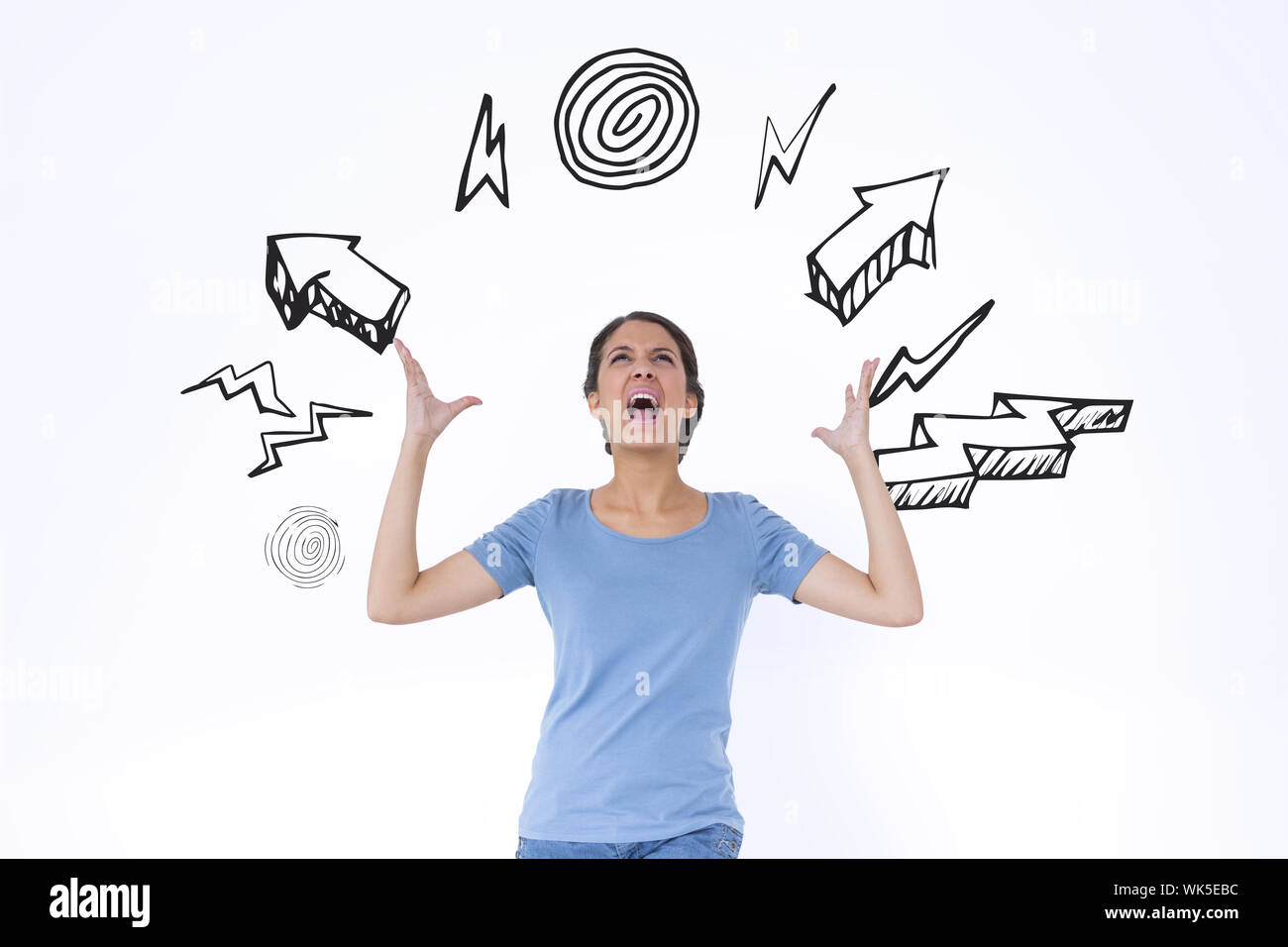 Image composite de l'ennuyé brunette gesticulant contre flèches Banque D'Images