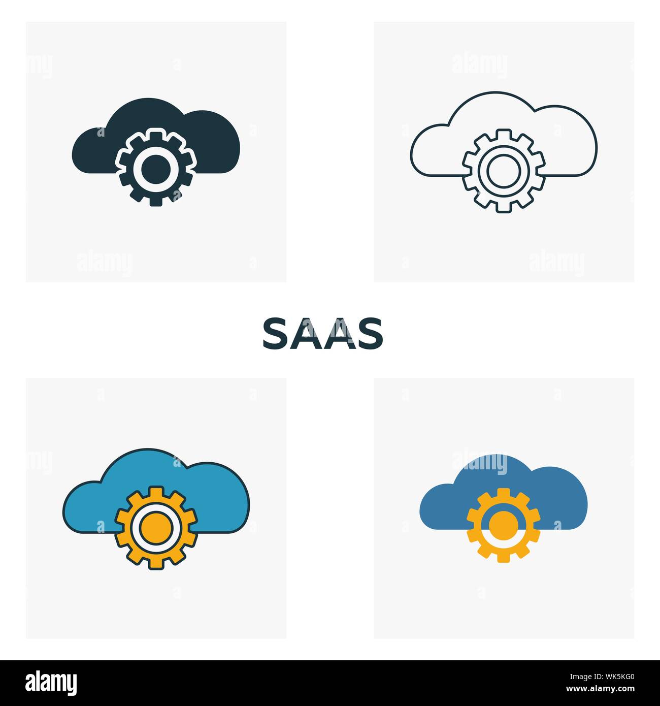 Le Saas icon set. Quatre éléments dans diférents styles à partir d'icônes fintech collection. Saas créatif rempli d'icônes de couleur, contours, symboles et télévision Illustration de Vecteur