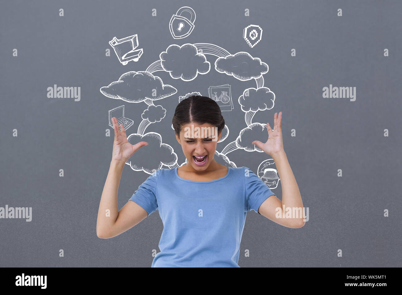 Image composite de l'ennuyé brunette gesticulant contre vignette gris Banque D'Images