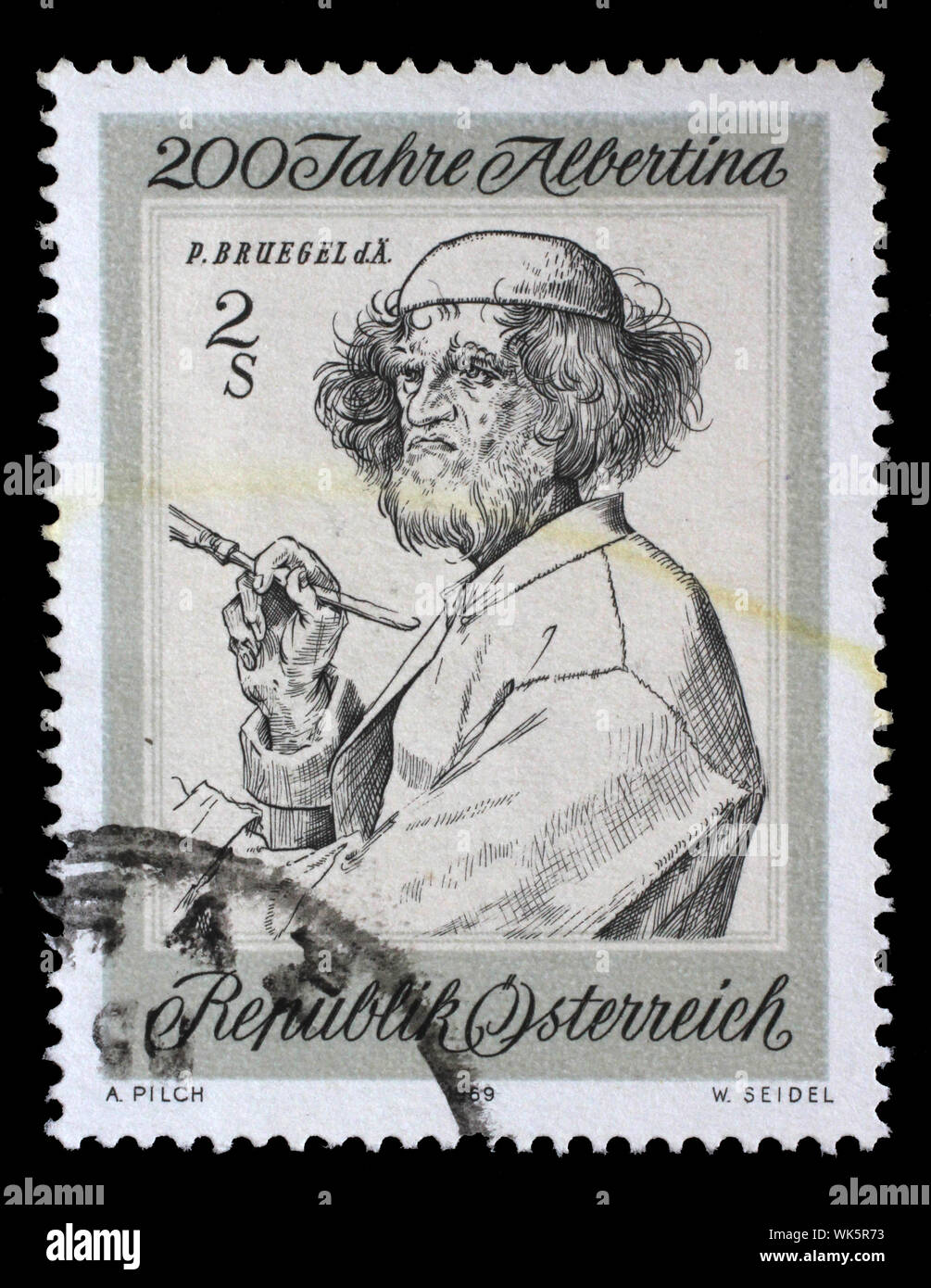 Timbre émis à l'Autriche montre l'anniversaire de la Collection graphique Albertina, artiste et connaisseur par Pieter Breugel l'Ancien, circa 1969 Banque D'Images