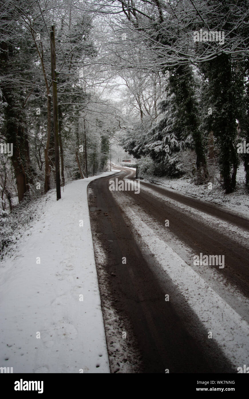 Route couverte de neige et la chaussée mouillée avec les voies d'entrer dans la distance (Portrait) Banque D'Images