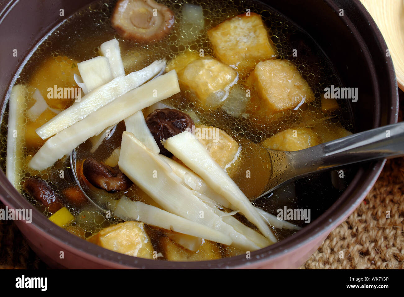 Casserole de brioche vegan mang ou pousse de bambou nouilles au tofu, champignons, herbes, feuilles de laksa, un plat simple mais délicieux à base de légumes végétarien Banque D'Images