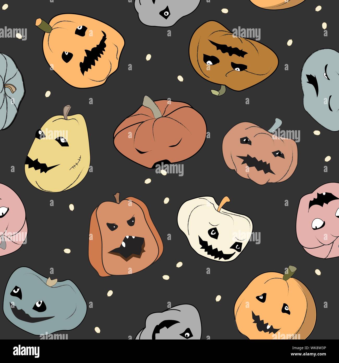 Drôle Halloween seamless pattern avec citrouilles personnages. Différents caractères, couleurs, formes, et d'émotions. Vector illustration Illustration de Vecteur