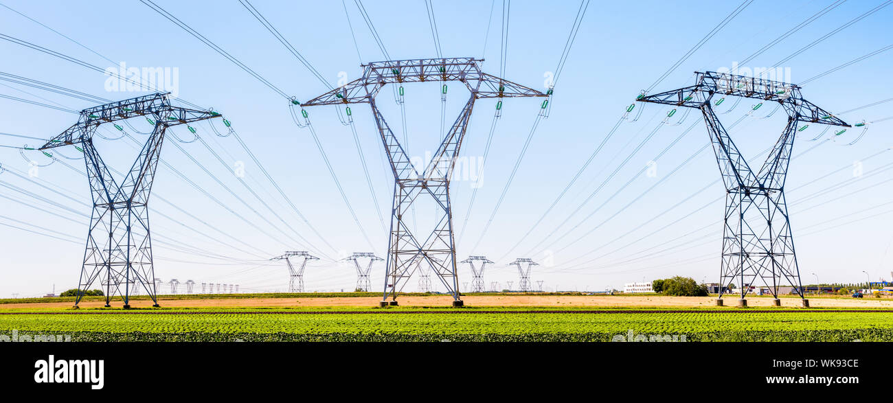 Vue panoramique vue de face d'une rangée de pylônes électriques dans la campagne française avec des dizaines d'autres pylônes au loin sous un ciel bleu clair. Banque D'Images