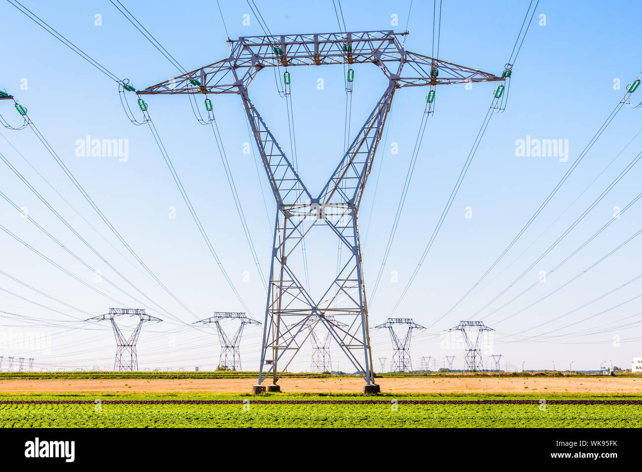 Vue frontale d'un pylône d'électricité dans la campagne française avec des dizaines d'autres pylônes au loin sous un ciel bleu clair. Banque D'Images