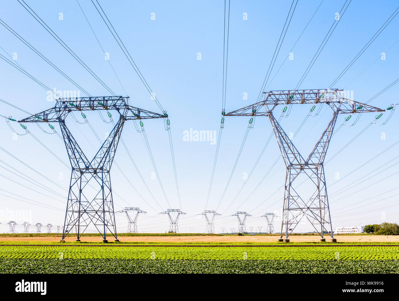 Vue de face de deux pylônes électriques dans la campagne française avec des dizaines d'autres pylônes au loin sous un ciel bleu clair. Banque D'Images