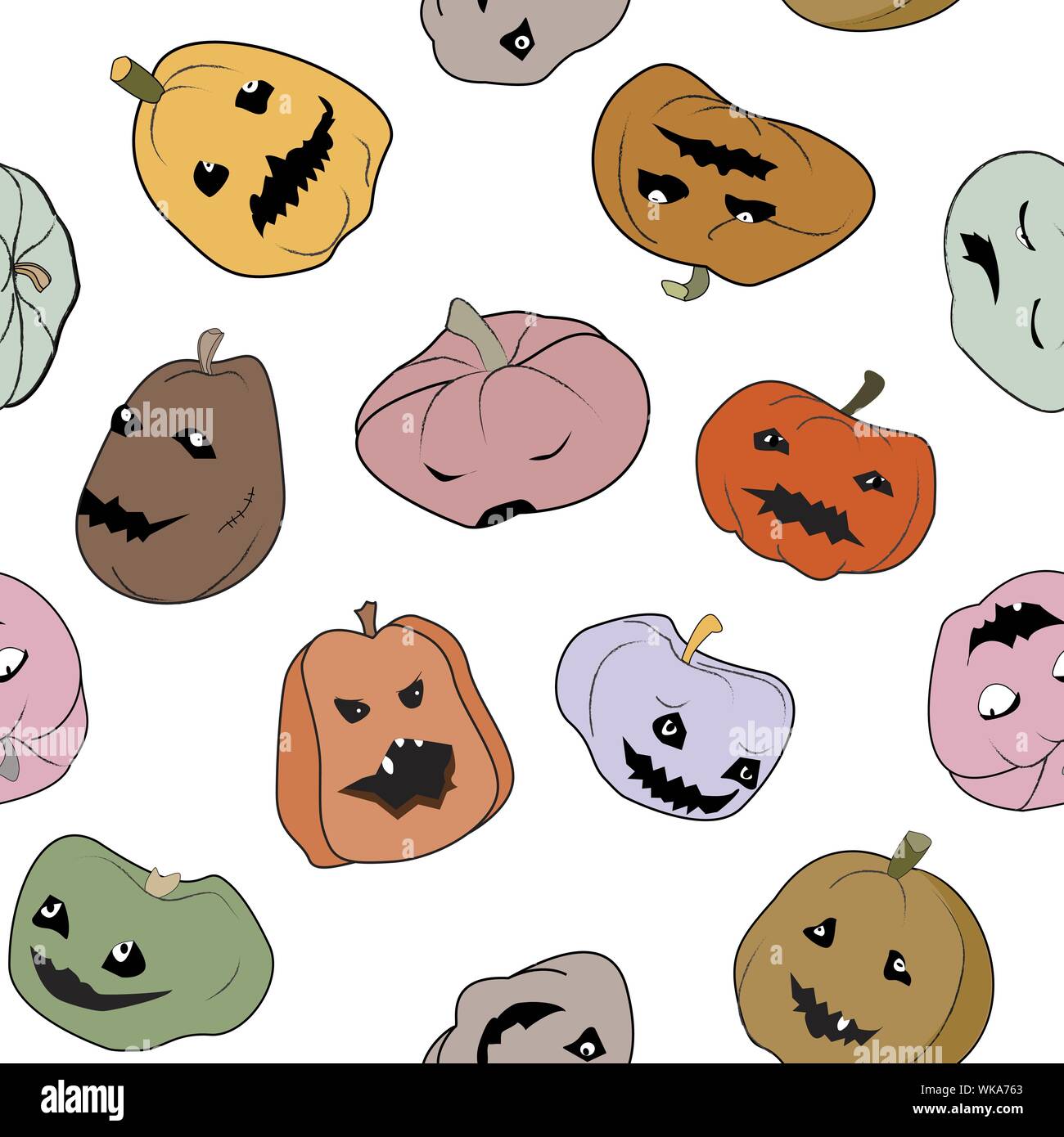 Drôle Halloween seamless pattern avec citrouilles personnages. Différents caractères, couleurs, formes, et d'émotions. Vector illustration Illustration de Vecteur