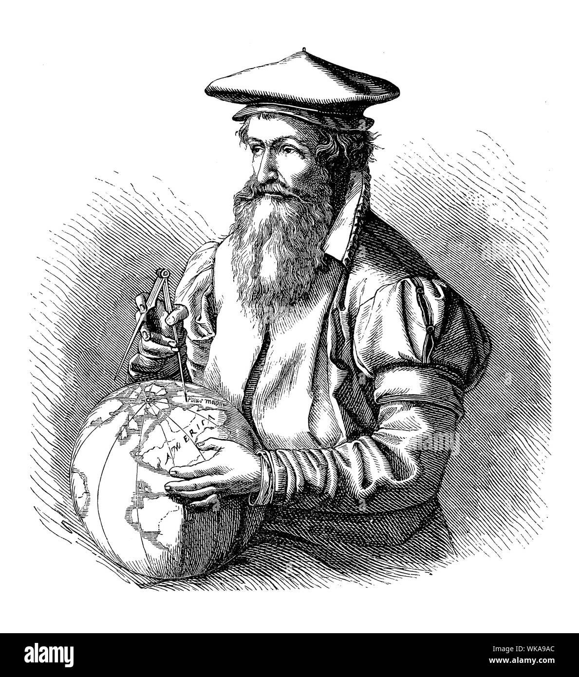 Portrait de Gerardus Mercator German-Flemish et cartographe voyageur qui a créé en 1569 la première carte du monde avec une nouvelle projection encore employée dans les cartes marines Banque D'Images