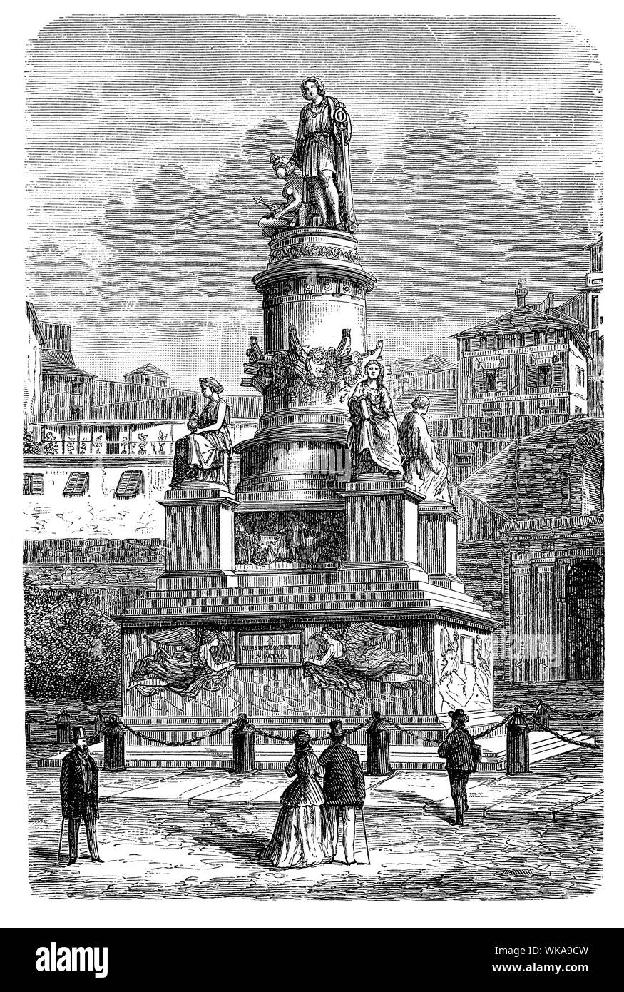 Monument à Christophe Colomb construit en 1862 à Gênes, Italie. Aux quatre coins du socle 4 statues symbolisant nautics, la religion, la prudence et la force. Gravure d'époque, 19e siècle Banque D'Images