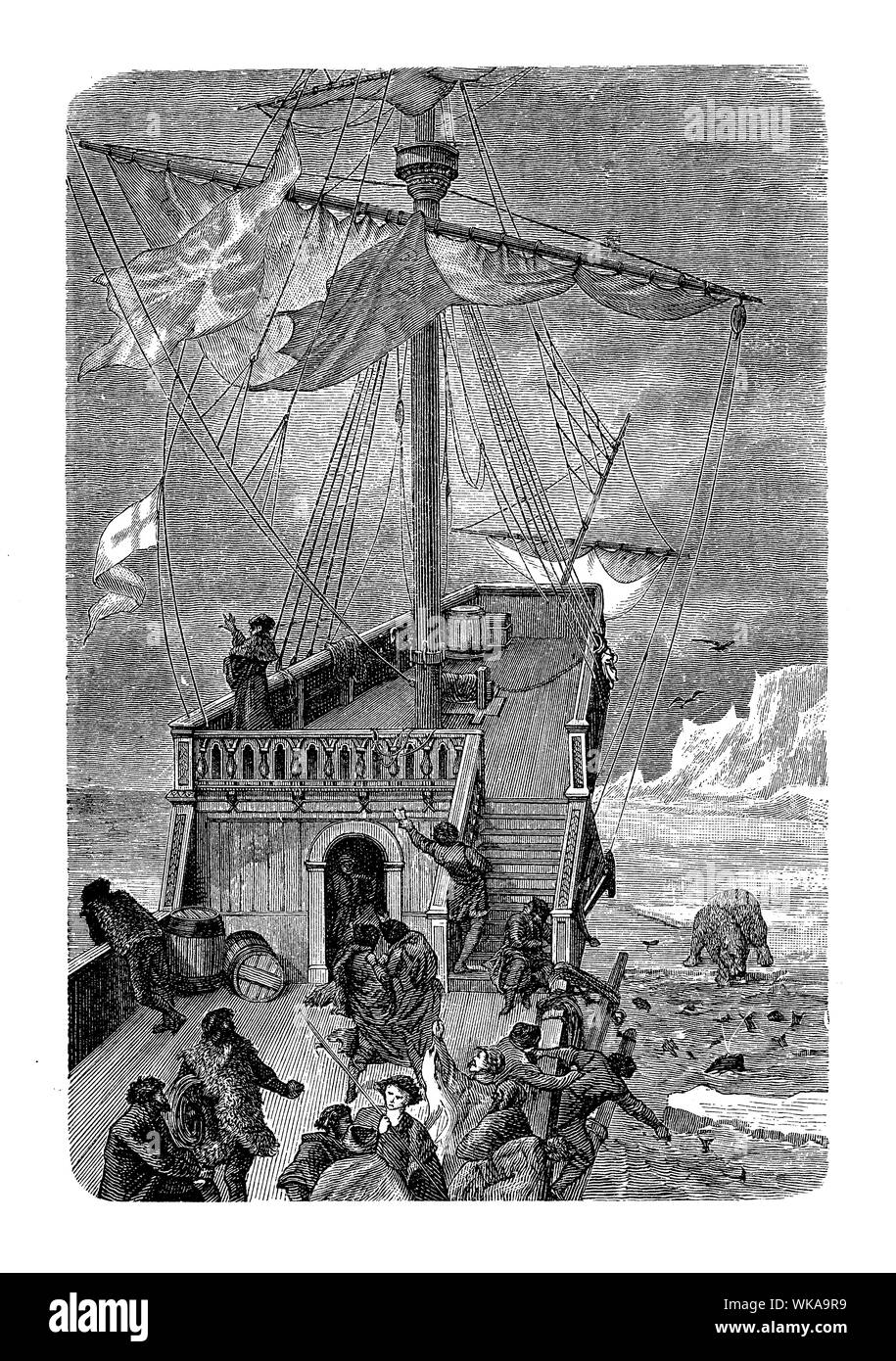 Sébastien Cabot navire quitte la côte du Labrador au 15e siècle au cours d'un voyage d'exploration de l'Amérique à rechercher le Passage du Nord-Ouest Banque D'Images