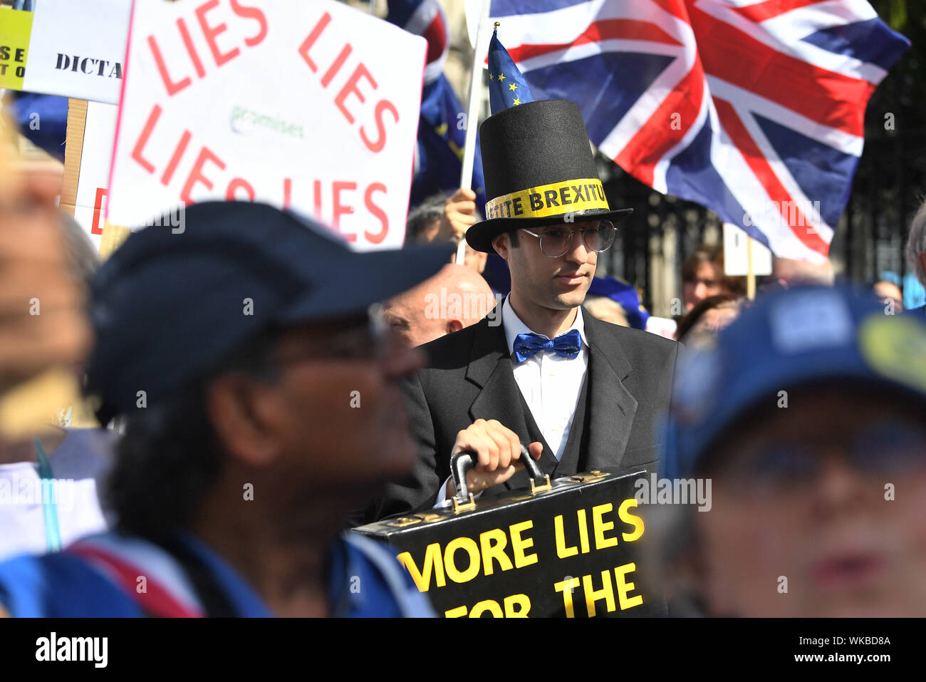 Anti-Brexit manifestants devant les Chambres du Parlement à Westminster, Londres. Banque D'Images