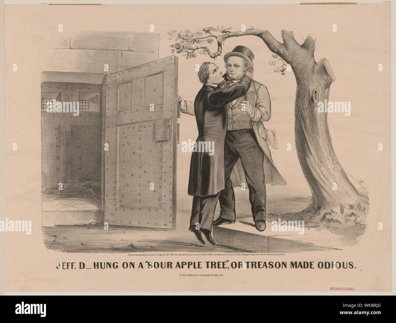 Jeff. D pendu sur un arbre pomme aigre ou trahison fait odieux Résumé : New York Tribune editor Horace Greeley, avec une copie de son journal dans sa poche, est titulaire d'Jefferson Davis's cell porte ouverte, de le libérer de prison. Dans la gratitude Davis l'étreint, suspendu à son cou comme si d'un Sour apple tree. (Pour l'univers de la pomme aigre, voir John Brown expose son bourreau, non. 1865-16.) En 1867, Davis a été libéré de prison et admis à caution, cautionnement de donner la somme de 100 000 $. Greeley qui avait déjà fait campagne dans son journal pour la libération de Davis, a été parmi ceux qui ont signé son bai Banque D'Images