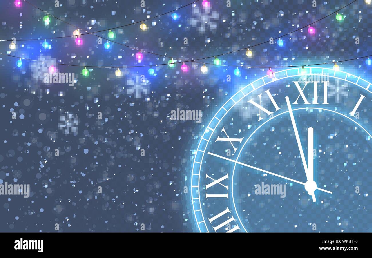 Vintage horloge ronde brillant d'or. La neige de Noël. La chute des flocons de neige sur fond bleu. Chutes de neige. Vector illustration. Illustration de Vecteur