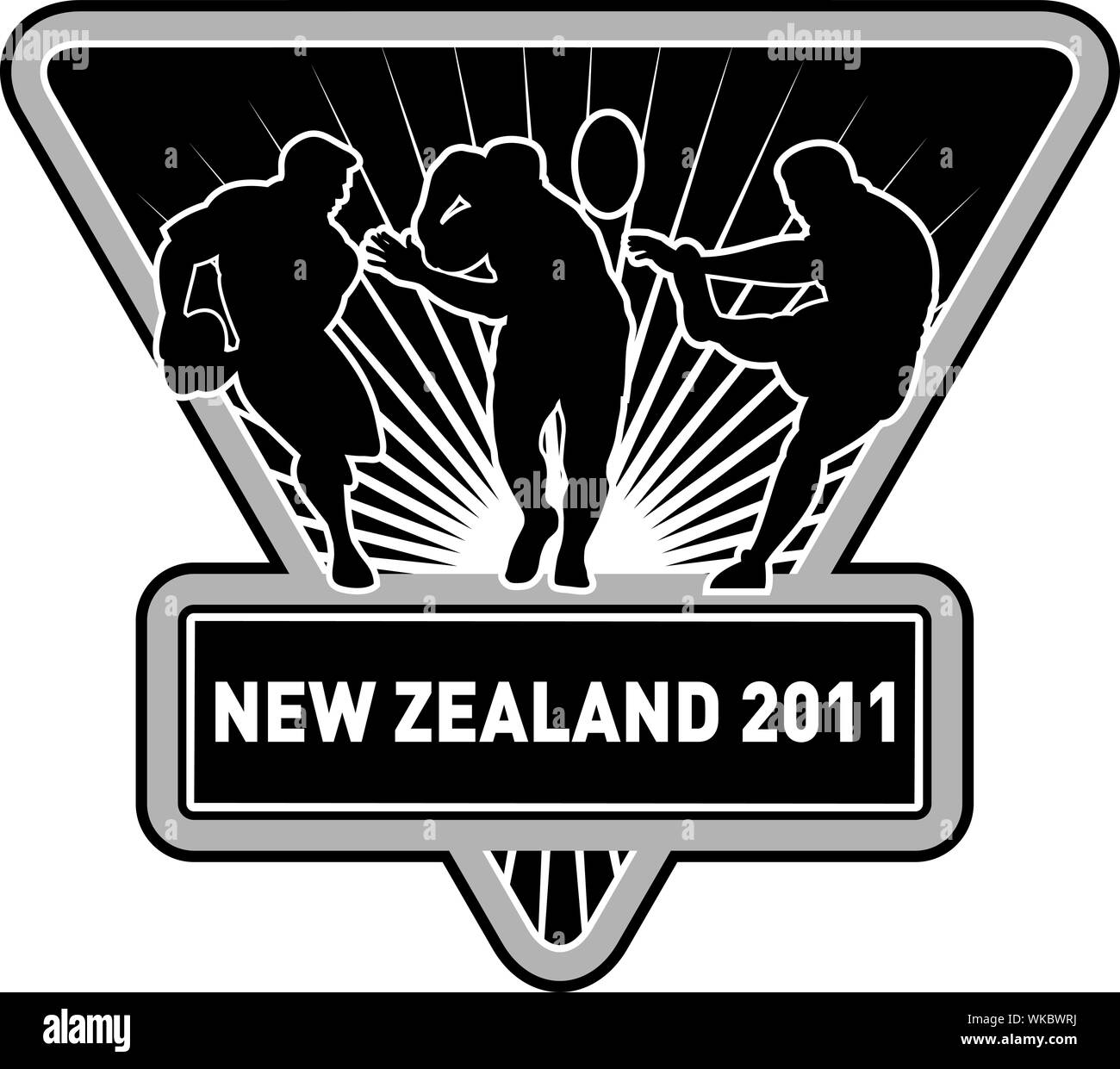 Illustration de silhouette de rugby player tournant passant parant et Kicking the ball set à l'intérieur d'un bouclier avec les mots 'rnew Nouvelle-zélande 2011' Banque D'Images