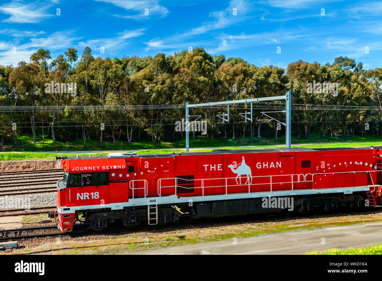 Les parcs d'Adélaïde, Australie du Sud Terminal - 4 août 2019 : Le Ghan train au départ d'Adélaïde à Darwin via Alice Springs pour son 90e ann Banque D'Images