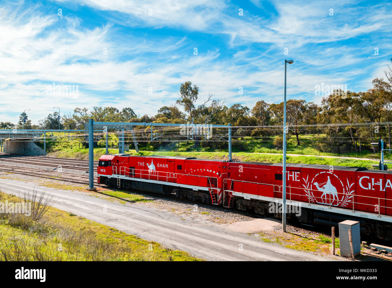 Les parcs d'Adélaïde, Australie du Sud Terminal - 4 août 2019 : Le Ghan train au départ d'Adélaïde à Darwin via Alice Springs pour son 90e ann Banque D'Images