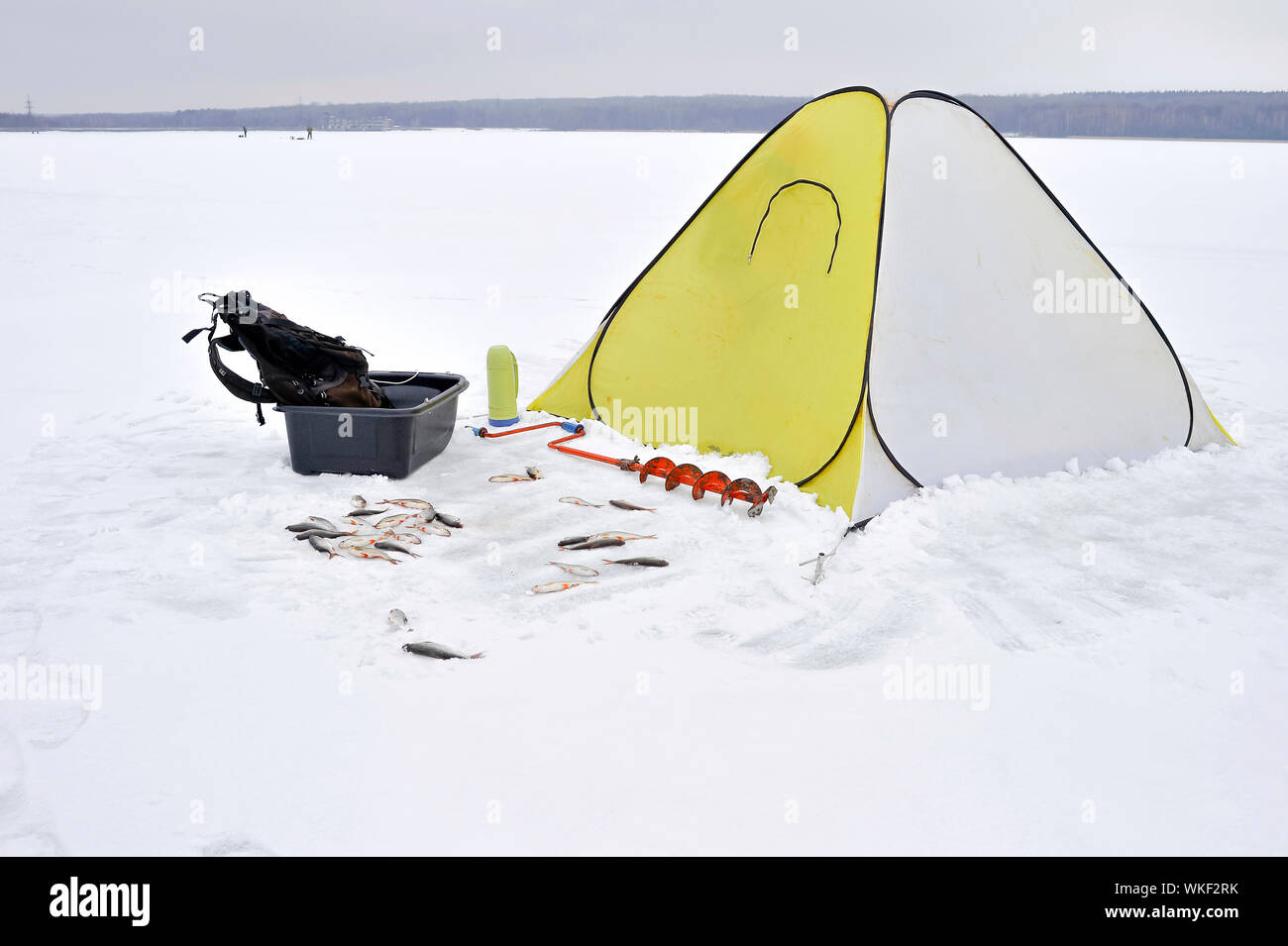 Jaune d'hiver tente de pêche fixés sur la glace avec tous les attributs nécessaires pour la pêche. Il roach couché dans la neige en face de la tente. Banque D'Images
