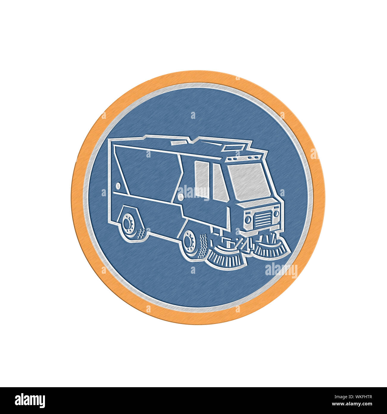 Illustration de style métallique d'un camion de nettoyage nettoyant rue panoramique de la série avant l'intérieur du cercle sur fond isolé fait en style rétro. Banque D'Images