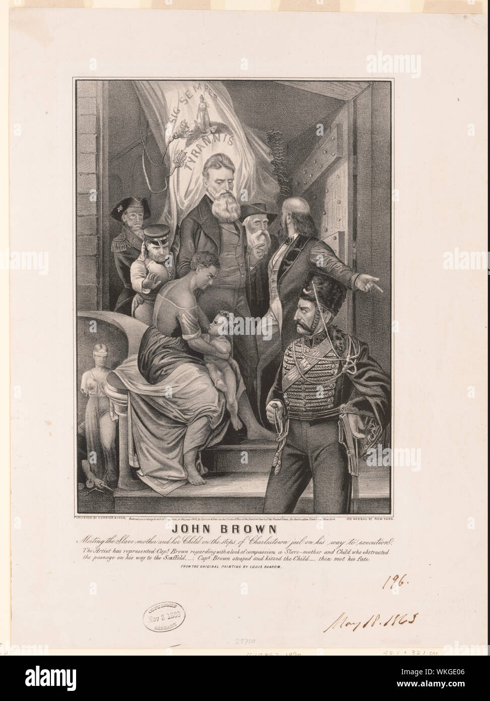 John Brown. L'esclave rencontre-mère et son enfant sur les marches de la prison de Charlestown sur son chemin jusqu'à l'exécution Abstract : publié dans le Nord pendant la guerre civile, la représentation d'un mélodramatique incident apocryphe de la vie de John Brown doit avoir eu des accents de propagande unique. En réalité une violente antislavery fanatique, Brown a été reconnu coupable de trahison en 1859, l'incitation à la rébellion des esclaves, et le meurtre dans sa tentative avortée pour saisir l'arsenal fédéral de Harpers Ferry et l'inflammation d'une insurrection des esclaves armés dans le sud. Pourtant, à travers son procès et l'exécution à Charles Town, Virginia, Banque D'Images