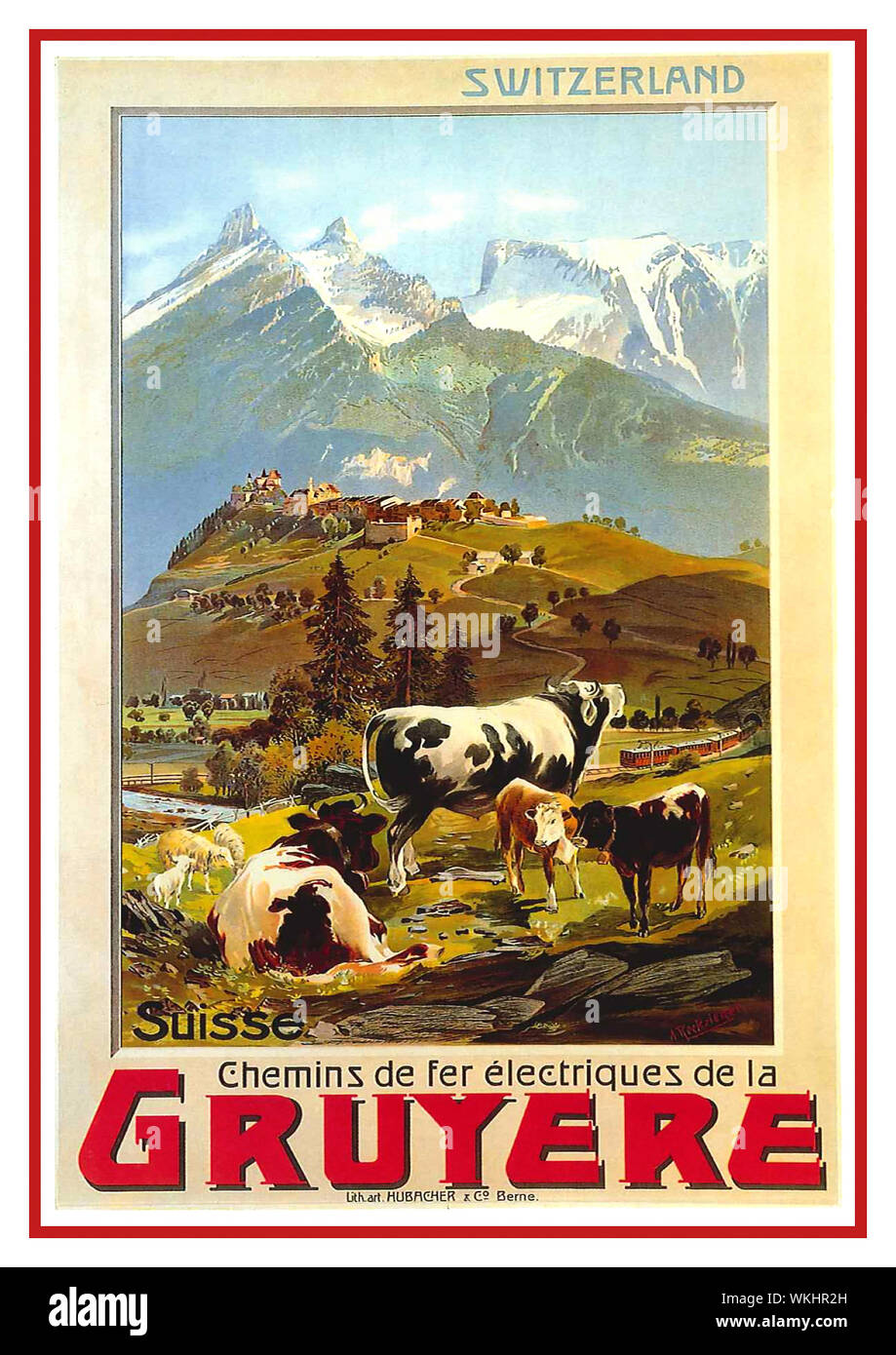 GRUYÈRE SUISSE AFFICHE de voyage pour la publicité touristique du chemin de fer électrique vers la région de Gruyère (Suisse), 1906. Ville illustrée et château de Gruyère. Banque D'Images
