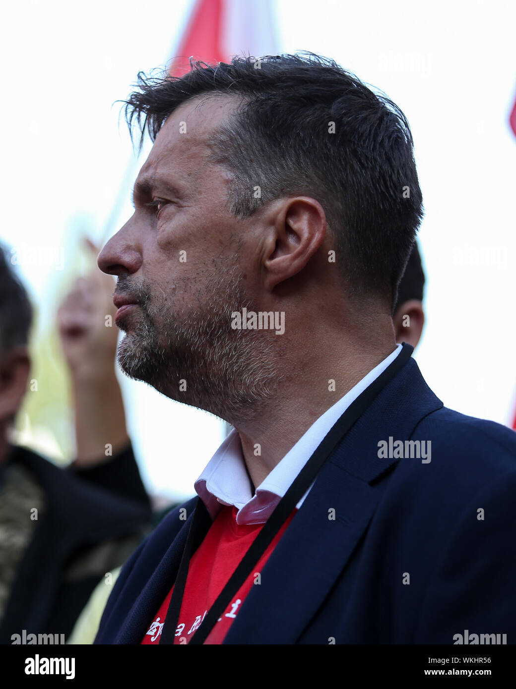 La Pologne, OSWIECIM -14 août 2019 : Witold Gadowski, journaliste polonais, catholiques pendant la marche vers Auschwitz-Birkenau camp de la mort. Banque D'Images
