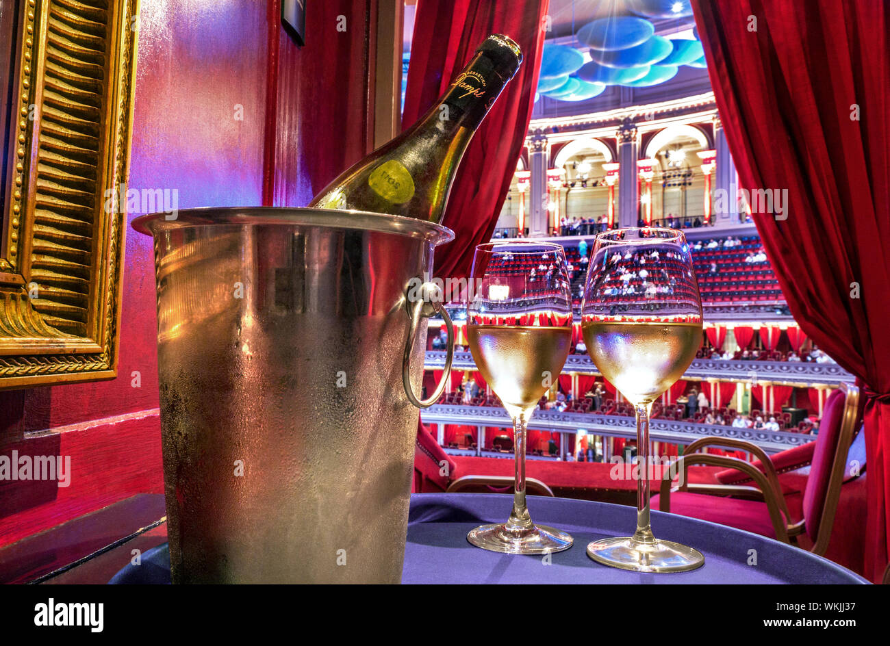 ALBERT HALL VIN SERVICE BOISSONS INTÉRIEUR BOÎTE PRIVÉE ALBERT HALL SERVICE INTERVALLE BOISSONS VIN GLACIÈRE VERRES DE luxe service de rafraîchissements d'intervalle, avec domaine Dampt Chablis vin blanc dans un seau à glace glacé avec des verres versés dans une boîte privée de velours rouge de luxe. Royal Albert Hall Promenade Proms concerts musique divertissement Kensington Londres Royaume-Uni Banque D'Images