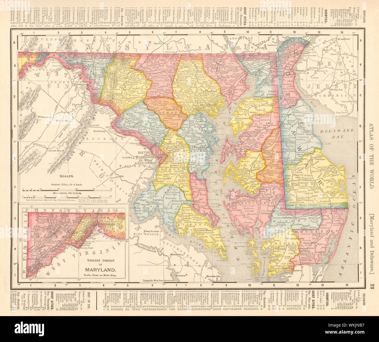 Le Maryland et Delaware state carte montrant des comtés. RAND MCNALLY, 1906 Banque D'Images