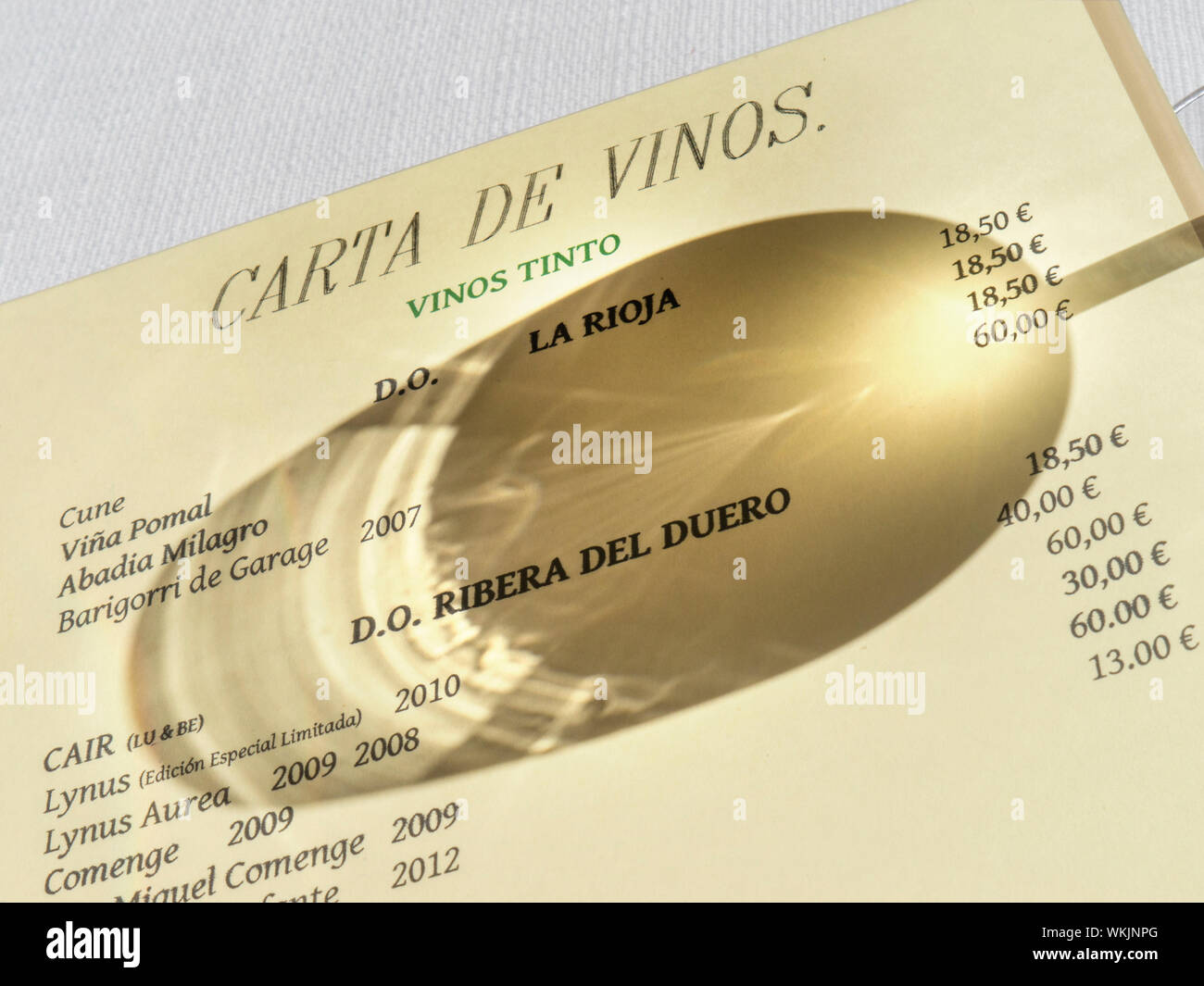 CARTE des vins EUROS Carta liste des vins Espagnol Alfresco Sunlight menu des vins "Carta de Vinos" dans un restaurant espagnol avec ombre de verre de dégustation de vin tombant sur la liste des vins disponibles prix en euros Lagomar vacances vacances Resort restaurant Lanzarote Îles Canaries Espagne Banque D'Images