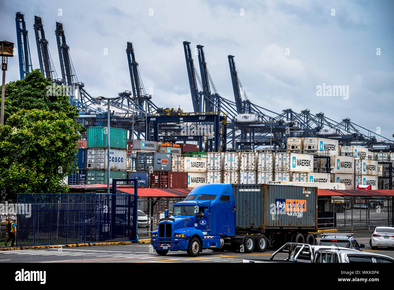 Gros camion bleu avec conianer leavibg le port de Balboa au Panama Banque D'Images