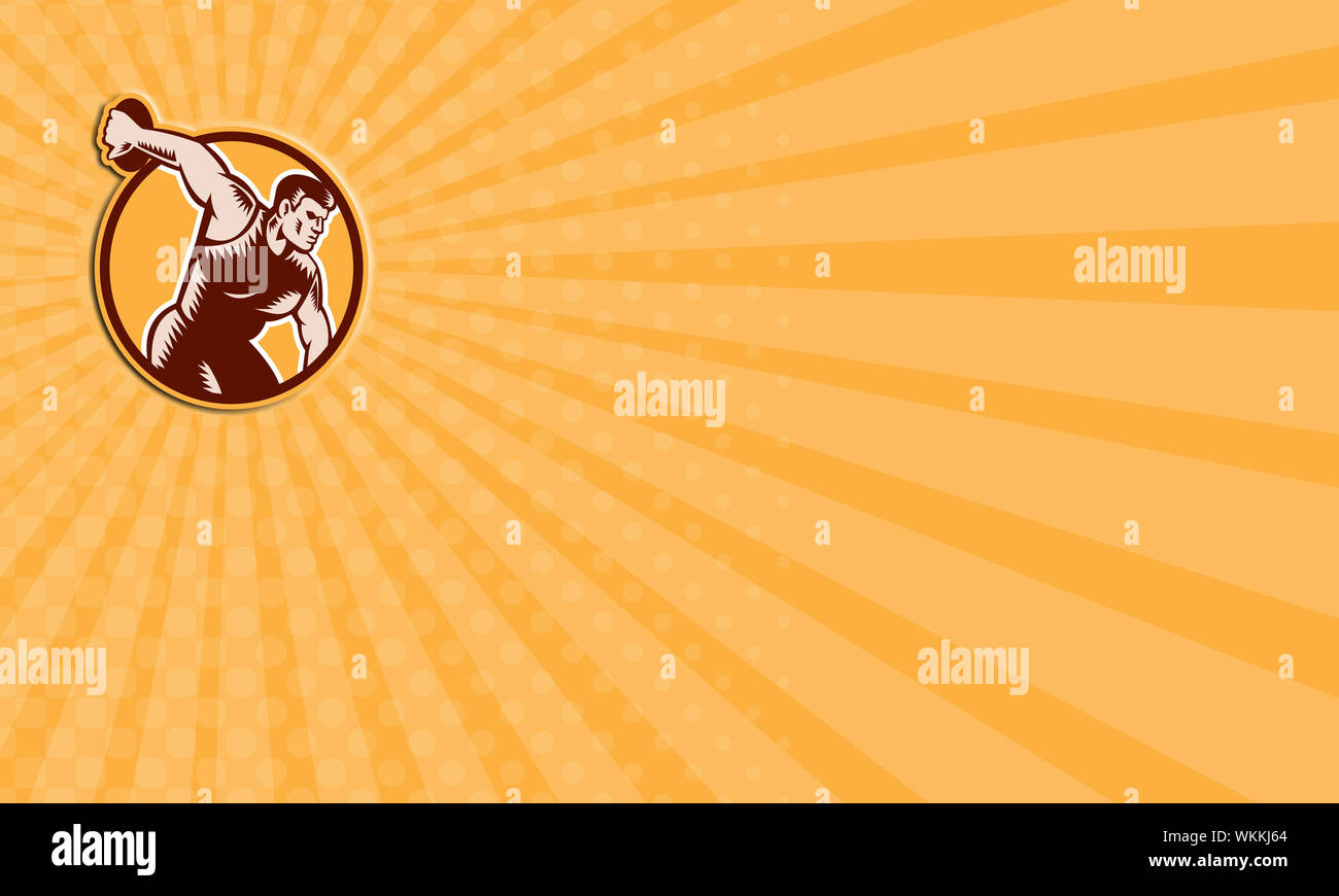 Carte montrant l'illustration d'un lanceur de disque à l'intérieur du cercle défini fait sur fond isolé dans woodcut style rétro. Banque D'Images