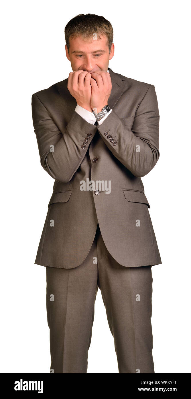 Homme d'affaires avait de gros problèmes. Isolé sur fond blanc Banque D'Images