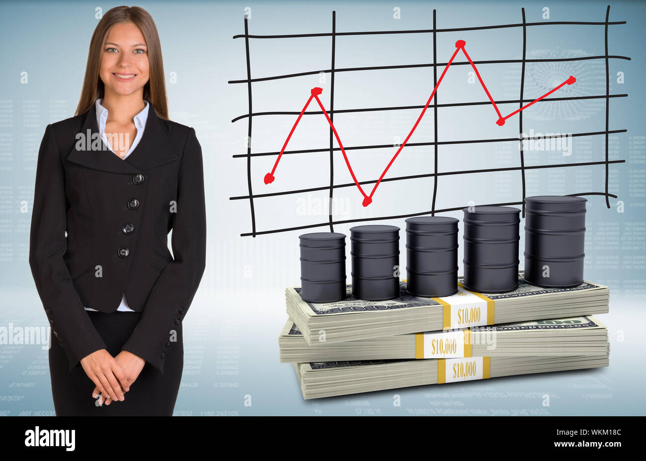 Businesswoman with de barils de pétrole et de l'argent. Calendrier des augmentations de prix en arrière-plan Banque D'Images