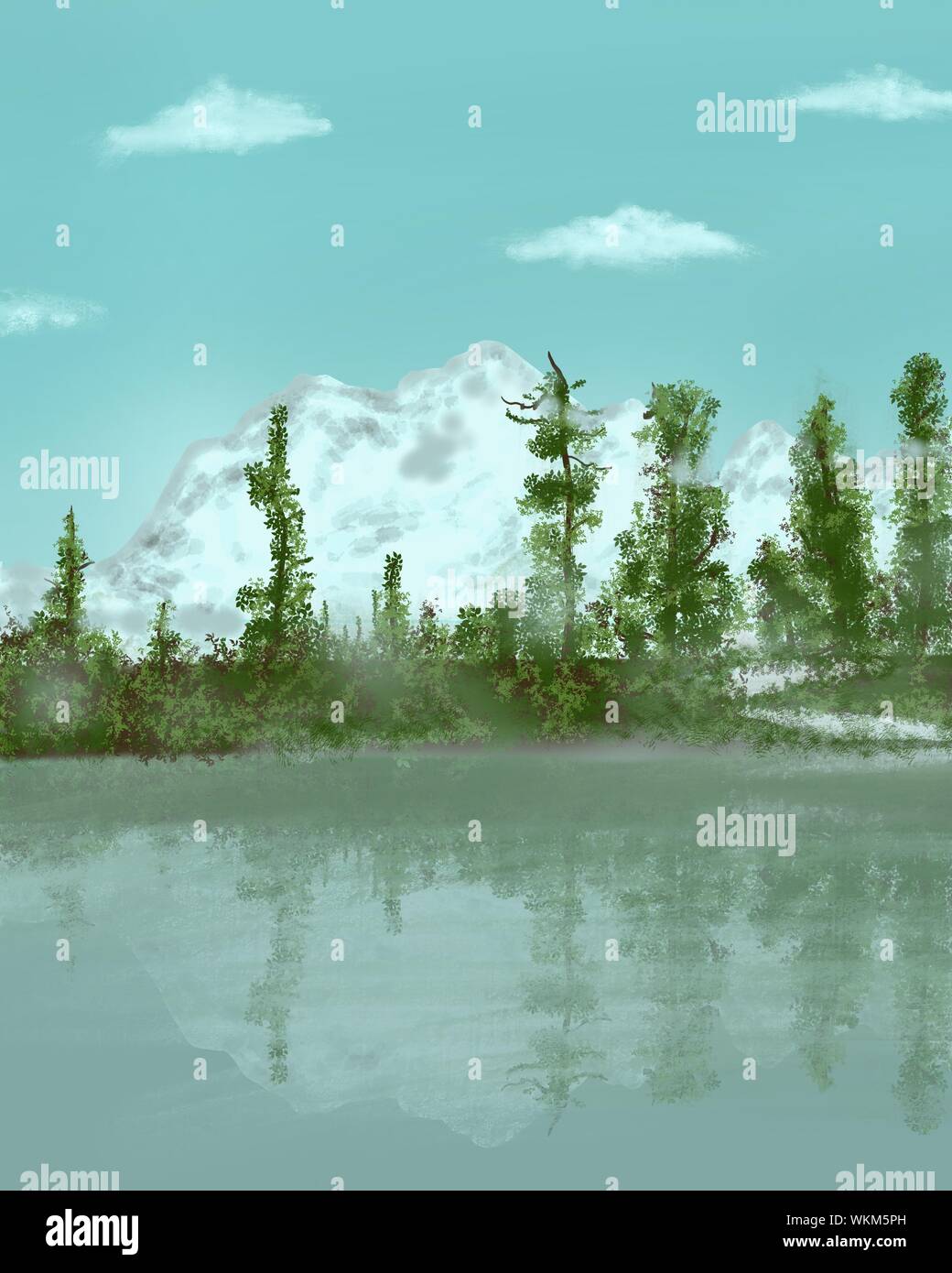 Paysages de peinture numérique de la neige sur la montagne et sur le lac reflètent l'arbre . Banque D'Images