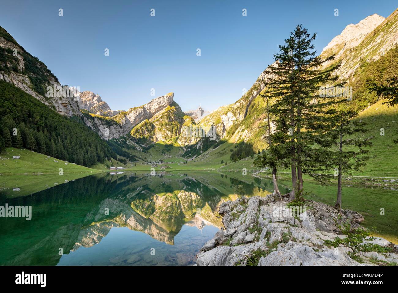Reflète les montagnes au lever du soleil dans le lac Seealpsee, derrière Santis, l'Alpstein, Canton d'Appenzell, Suisse Banque D'Images