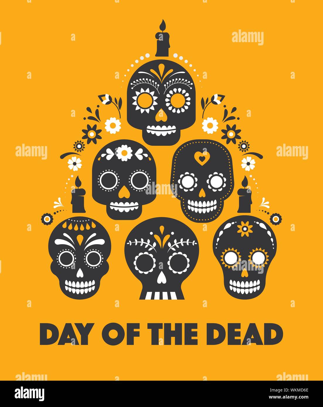 Fête des morts, Dia de los muertos, bannière avec fleurs mexicaines colorées. Fiesta, maison de vacances, partie de l'affiche, flyer carte de souhaits drôles Illustration de Vecteur