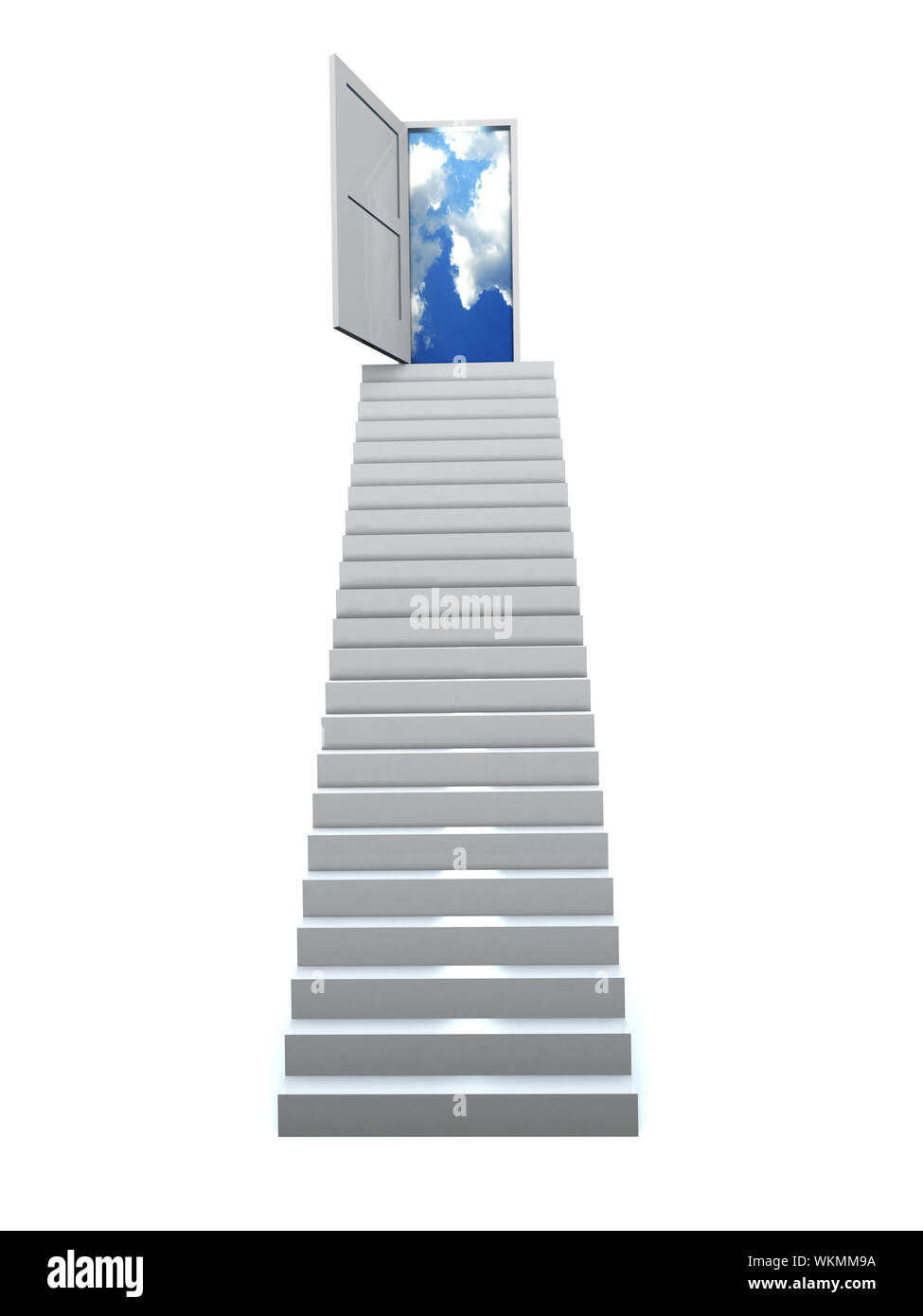 Escalier avec porte ouverte sur une semi nuageux ciel bleu. 3D illustration Banque D'Images